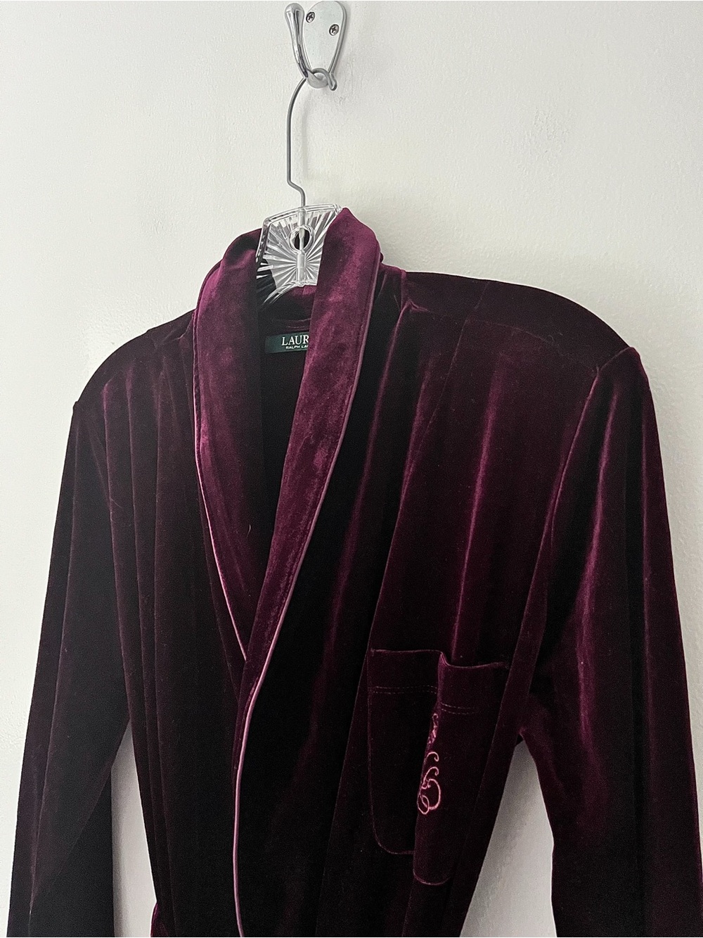 Lauren Ralph Lauren Velvet Shawl Long Bath Robe Logo Red Small - Picture 4 of 13